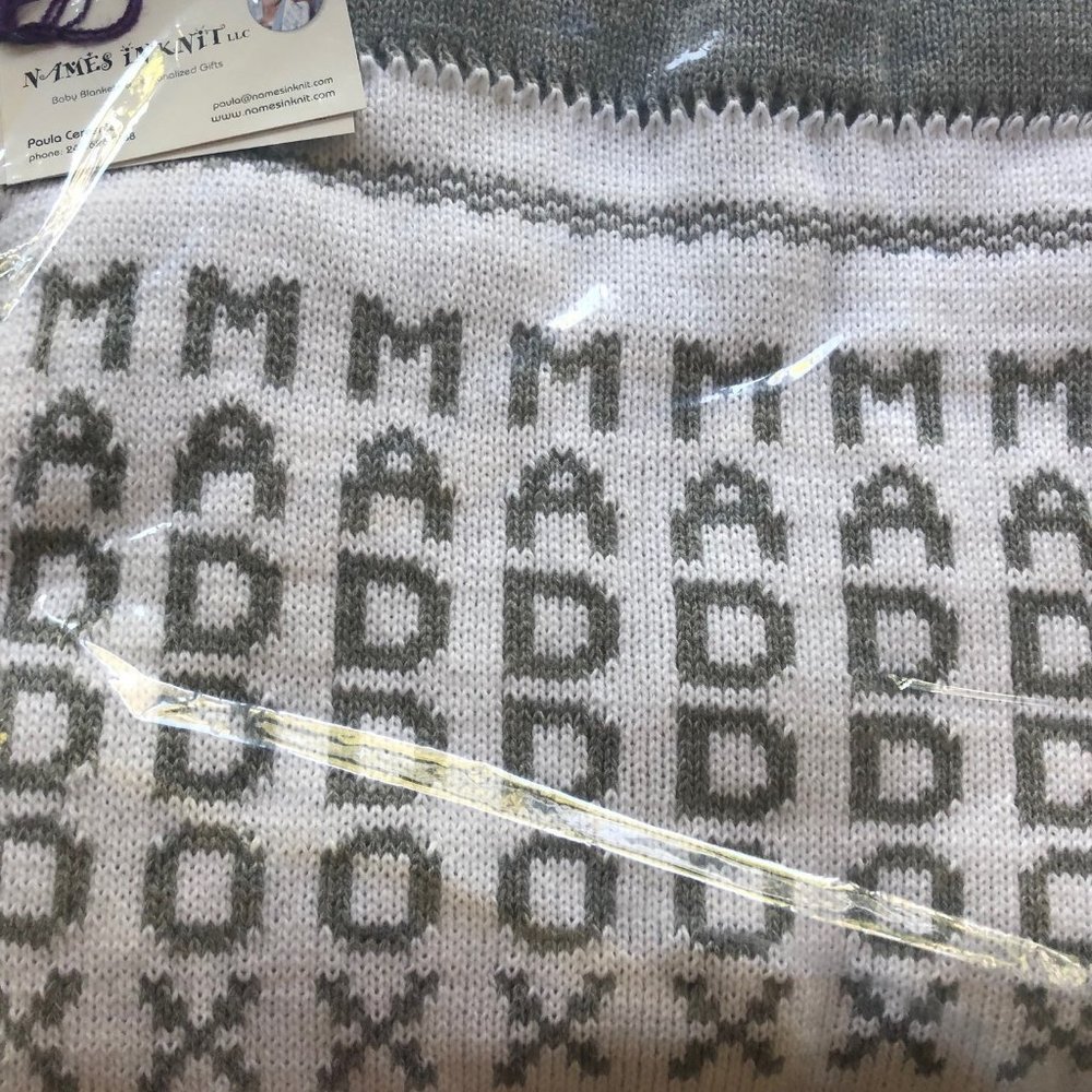 Names in Knit Personalized Baby Blanket, Name MADDOX (light gray 24x44)